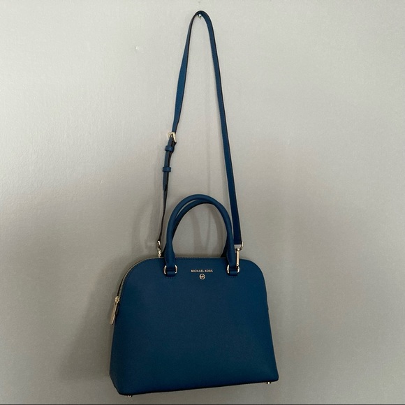 MICHAEL KORS Cindy Large Dome Crossgrain Blue Chambray Leather Satchel Purse Bag - Picture 2 of 14